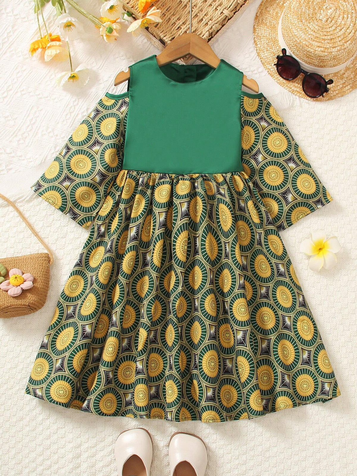 Young Girls' Printed Short Sleeve Patchwork Dress