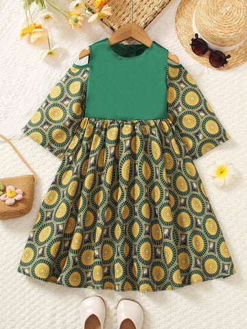 Young Girls' Printed Short Sleeve Patchwork Dress
