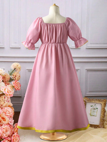 Young Girls' Printed Tape & Splice Short Sleeve Long Dress