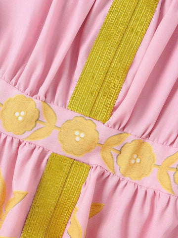 Young Girls' Printed Tape & Splice Short Sleeve Long Dress
