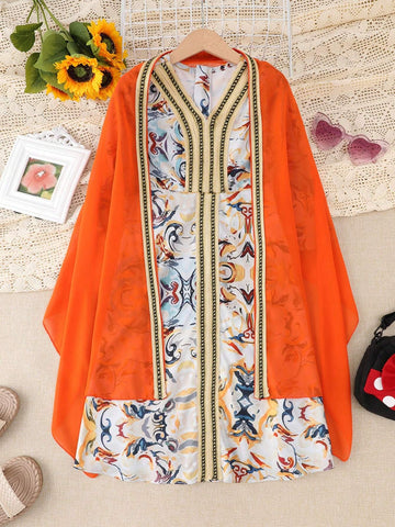 Young Girls' Printed V-Neck Loose Fit Dress And Jacket