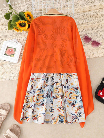 Young Girls' Printed V-Neck Loose Fit Dress And Jacket