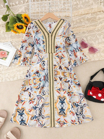 Young Girls' Printed V-Neck Loose Fit Dress And Jacket