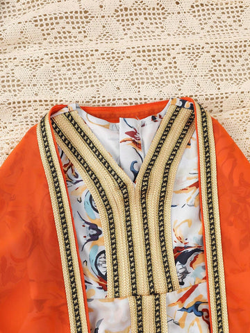 Young Girls' Printed V-Neck Loose Fit Dress And Jacket