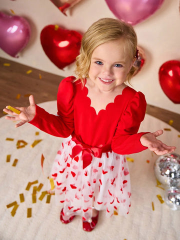 Young Girls Prom Dresses Red Embroidered Collar Puff Sleeve Comfort Knitted Pullover Top Paired With White Mesh Dress