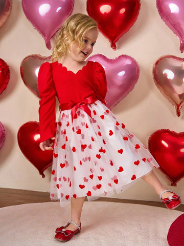 Young Girls Prom Dresses Red Embroidered Collar Puff Sleeve Comfort Knitted Pullover Top Paired With White Mesh Dress