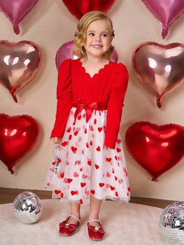 Young Girls Prom Dresses Red Embroidered Collar Puff Sleeve Comfort Knitted Pullover Top Paired With White Mesh Dress