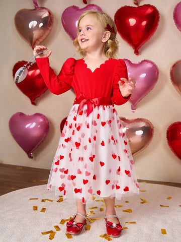 Young Girls Prom Dresses Red Embroidered Collar Puff Sleeve Comfort Knitted Pullover Top Paired With White Mesh Dress