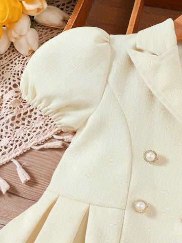 Young Girls Puff Sleeve Double-Breasted Lapel Collar Lady Style Dress, Spring/Summer