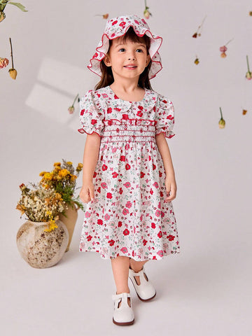 Young Girls' Puff Sleeve Dress With Ruffle Collar, Floral Print And Hat