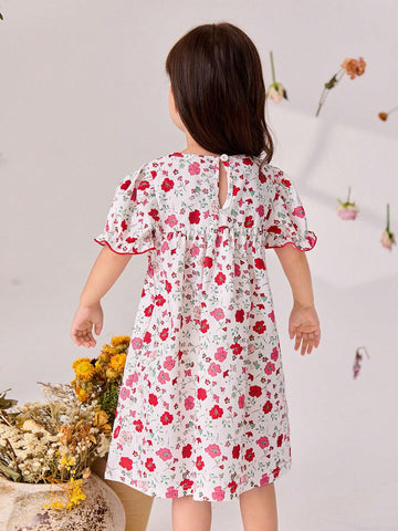 Young Girls' Puff Sleeve Dress With Ruffle Collar, Floral Print And Hat