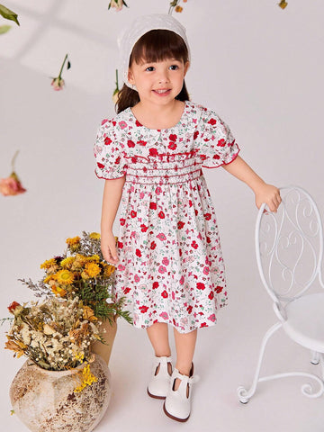 Young Girls' Puff Sleeve Dress With Ruffle Collar, Floral Print And Hat