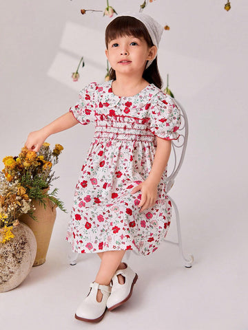 Young Girls' Puff Sleeve Dress With Ruffle Collar, Floral Print And Hat
