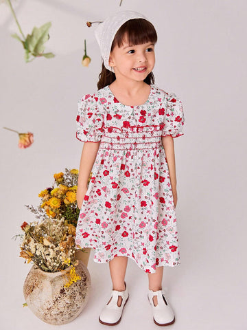 Young Girls' Puff Sleeve Dress With Ruffle Collar, Floral Print And Hat