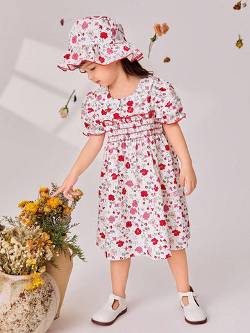 Young Girls' Puff Sleeve Dress With Ruffle Collar, Floral Print And Hat