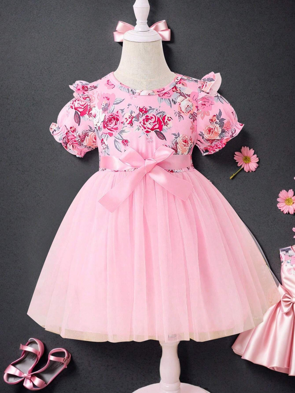 Young Girls' Puff Sleeve Floral Print Dress With Belted Waist And Princess, Summer