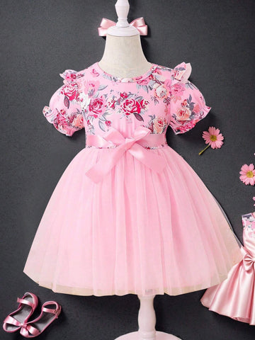 Young Girls' Puff Sleeve Floral Print Dress With Belted Waist And Princess, Summer