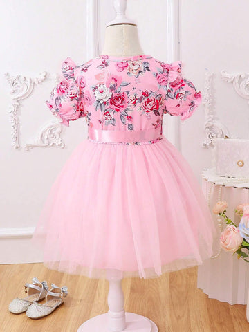 Young Girls' Puff Sleeve Floral Print Dress With Belted Waist And Princess, Summer
