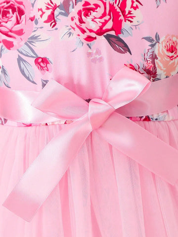 Young Girls' Puff Sleeve Floral Print Dress With Belted Waist And Princess, Summer