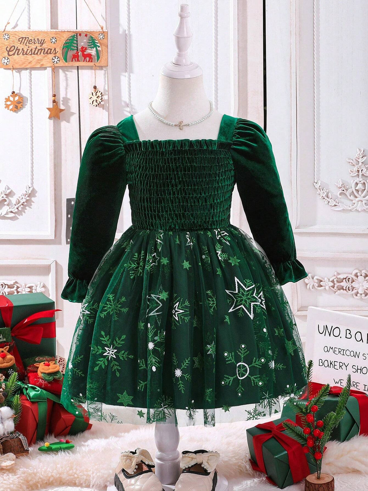 Young Girl's Puff Sleeve, Snowflake & Star Mesh Patchwork Dress, Christmas Holiday