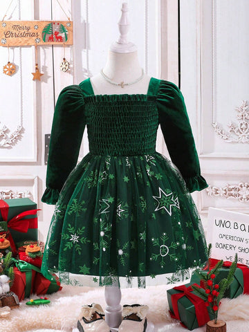 Young Girl's Puff Sleeve, Snowflake & Star Mesh Patchwork Dress, Christmas Holiday
