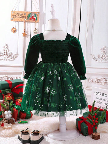 Young Girl's Puff Sleeve, Snowflake & Star Mesh Patchwork Dress, Christmas Holiday