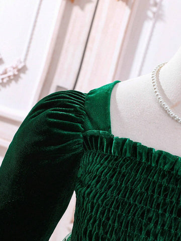 Young Girl's Puff Sleeve, Snowflake & Star Mesh Patchwork Dress, Christmas Holiday