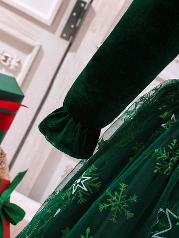 Young Girl's Puff Sleeve, Snowflake & Star Mesh Patchwork Dress, Christmas Holiday