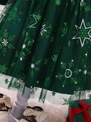 Young Girl's Puff Sleeve, Snowflake & Star Mesh Patchwork Dress, Christmas Holiday