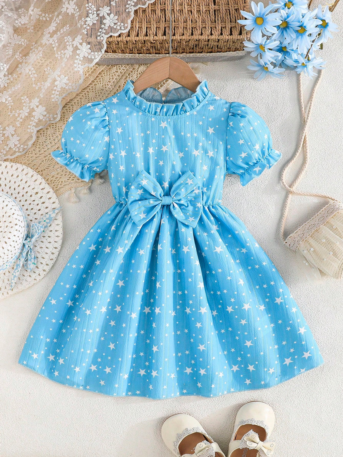 Young Girls Puff Sleeve Star Printed Waist Bow Peplum Dress, Spring/Summer