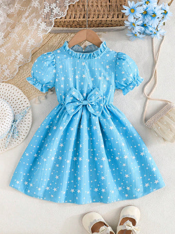 Young Girls Puff Sleeve Star Printed Waist Bow Peplum Dress, Spring/Summer