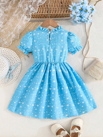 Young Girls Puff Sleeve Star Printed Waist Bow Peplum Dress, Spring/Summer