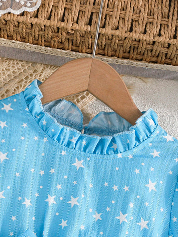 Young Girls Puff Sleeve Star Printed Waist Bow Peplum Dress, Spring/Summer