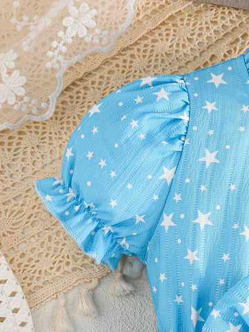 Young Girls Puff Sleeve Star Printed Waist Bow Peplum Dress, Spring/Summer
