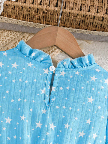 Young Girls Puff Sleeve Star Printed Waist Bow Peplum Dress, Spring/Summer