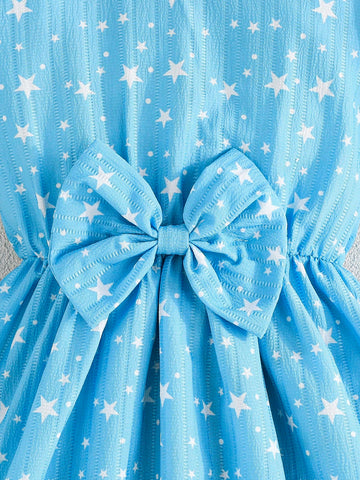 Young Girls Puff Sleeve Star Printed Waist Bow Peplum Dress, Spring/Summer