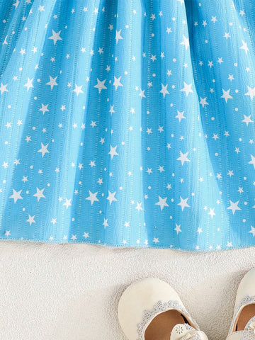 Young Girls Puff Sleeve Star Printed Waist Bow Peplum Dress, Spring/Summer