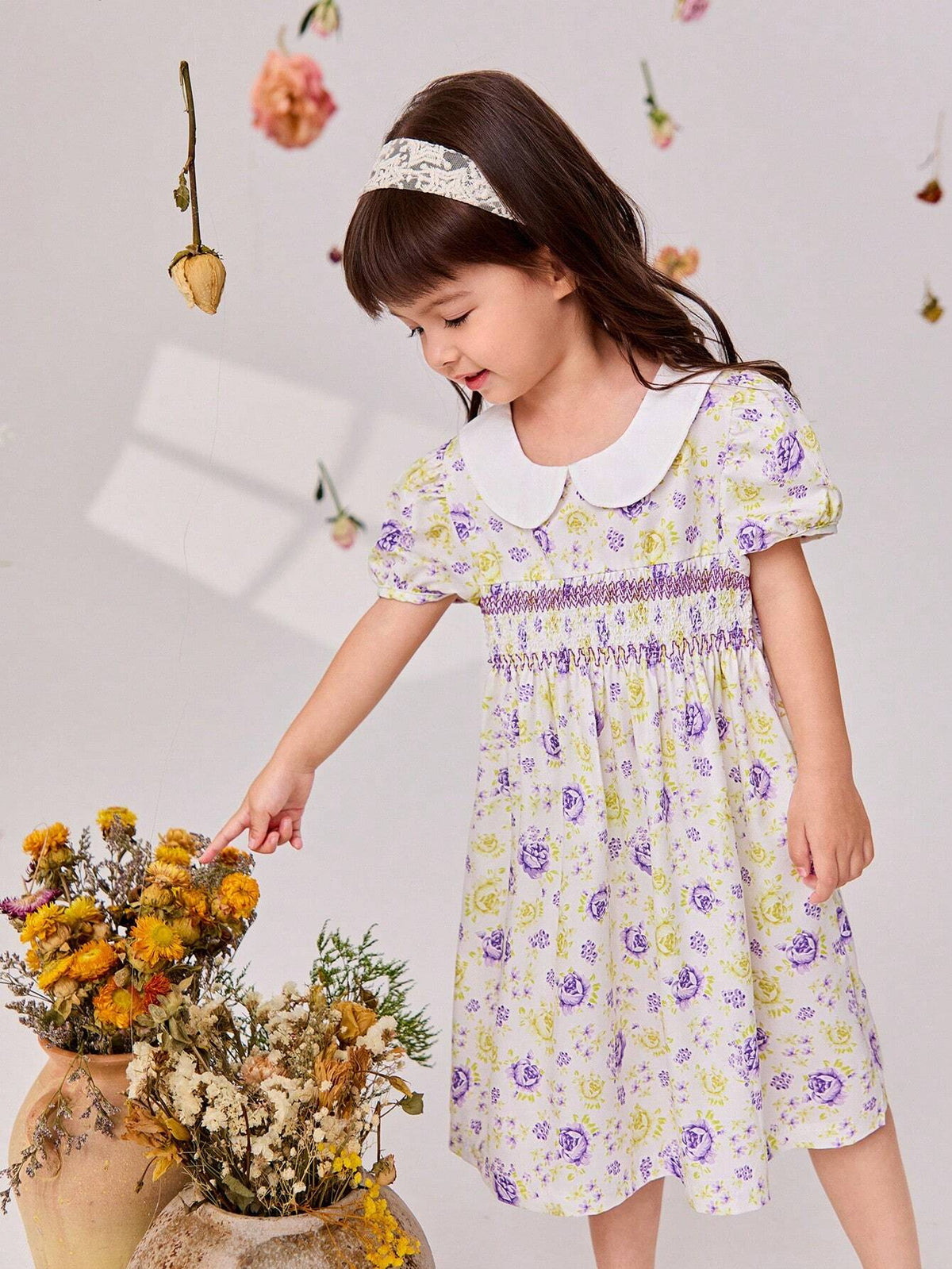 Young Girls' Puff Sleeves Floral Print Dress With Detailing, Suitable For And Elegant Occasions