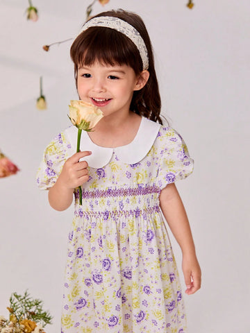 Young Girls' Puff Sleeves Floral Print Dress With Detailing, Suitable For And Elegant Occasions