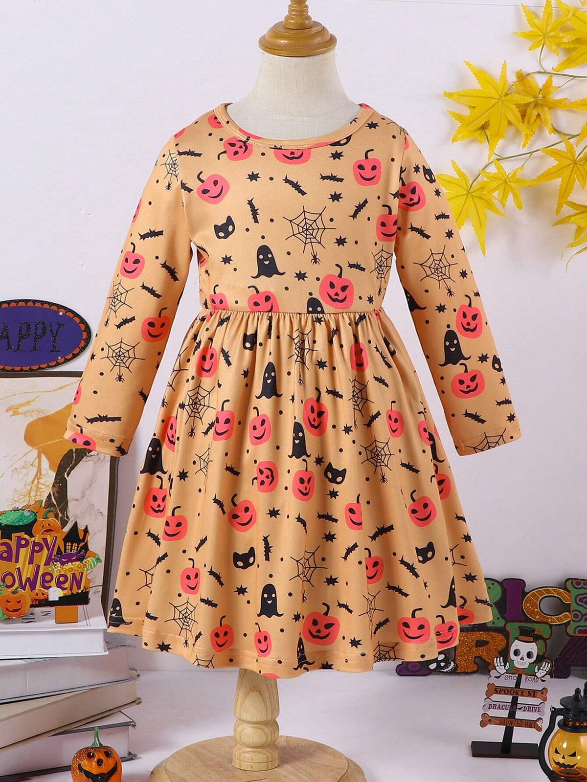 Young Girls Pumpkin Spiderweb Halloween Dress