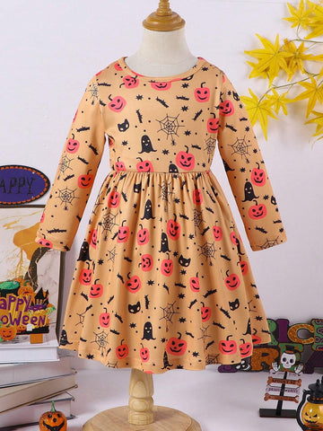 Young Girls Pumpkin Spiderweb Halloween Dress
