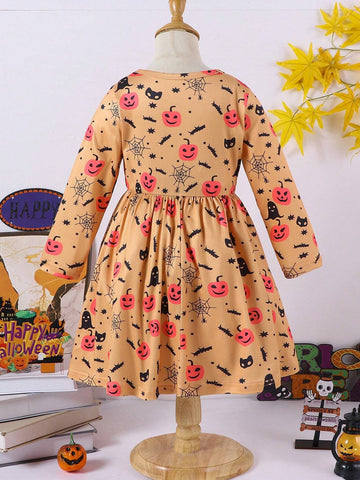 Young Girls Pumpkin Spiderweb Halloween Dress