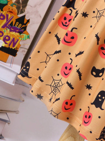 Young Girls Pumpkin Spiderweb Halloween Dress