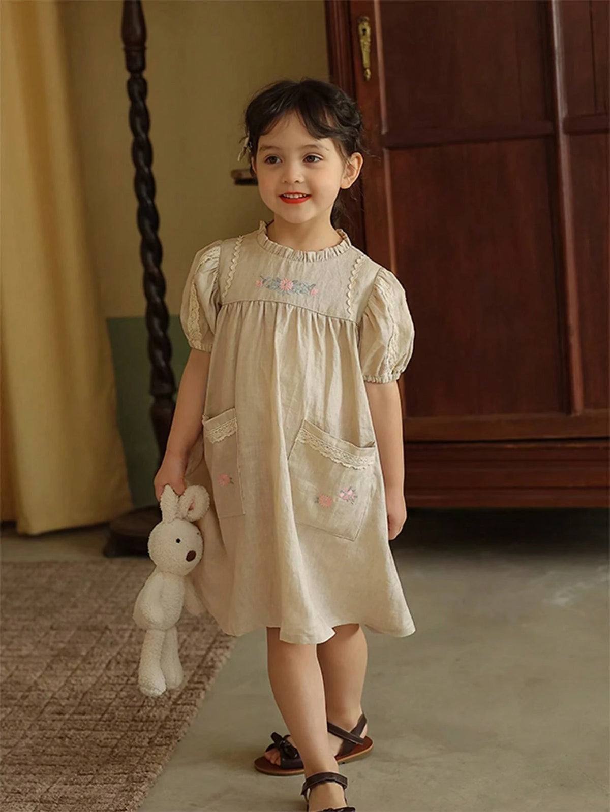 Young Girl's Pure Linen Floral Embroidery Puff Sleeve Dress With Ruffle Collar