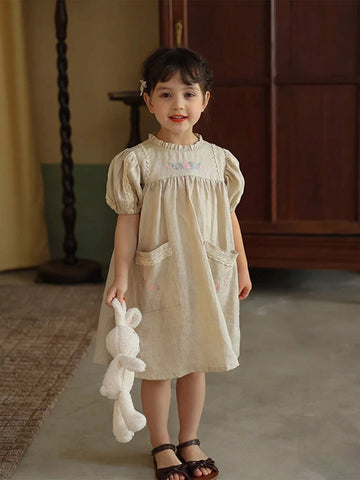 Young Girl's Pure Linen Floral Embroidery Puff Sleeve Dress With Ruffle Collar
