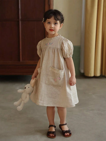 Young Girl's Pure Linen Floral Embroidery Puff Sleeve Dress With Ruffle Collar