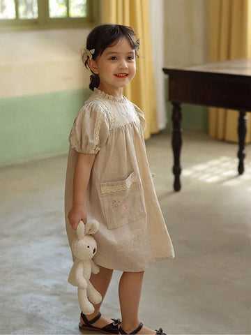 Young Girl's Pure Linen Floral Embroidery Puff Sleeve Dress With Ruffle Collar