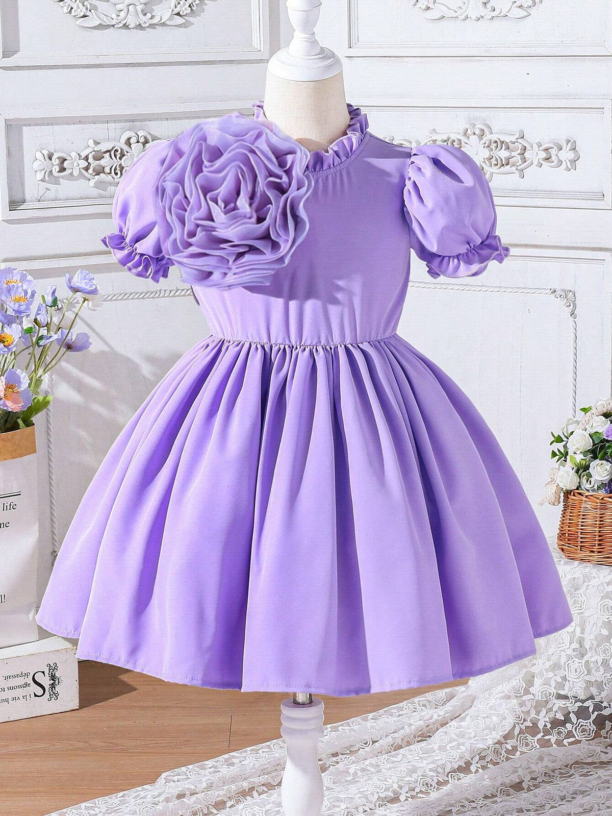 Young Girl's Purple 3D Flower Embellished Dress, Summer