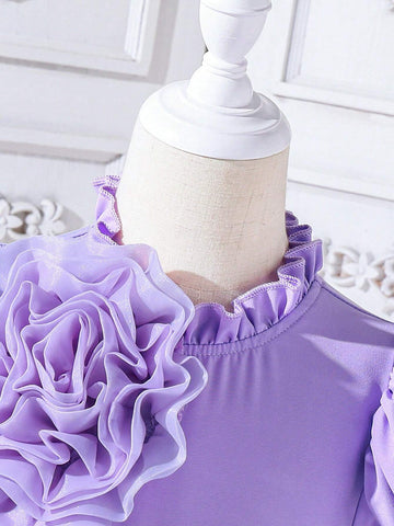 Young Girl's Purple 3D Flower Embellished Dress, Summer