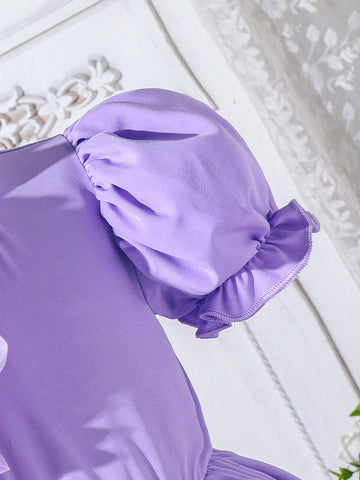 Young Girl's Purple 3D Flower Embellished Dress, Summer
